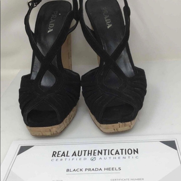 Women\'s Prada Black Open Toed Cork Heels Size 38.5 With Coa